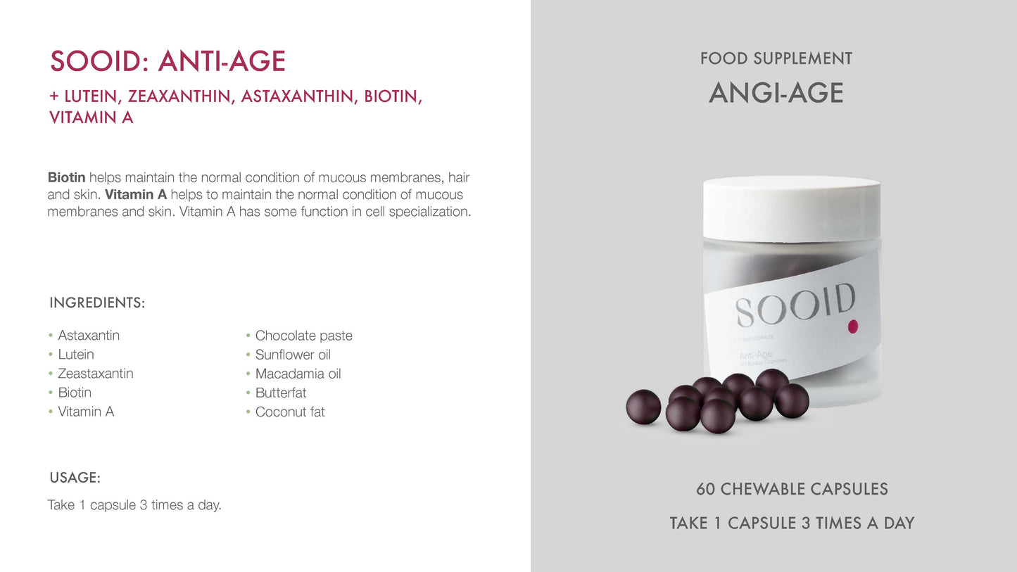 SOOID Anti-Age Chewable Capsules – 60 Ct | Skin, Hair & Nail Support with Lutein & Biotin